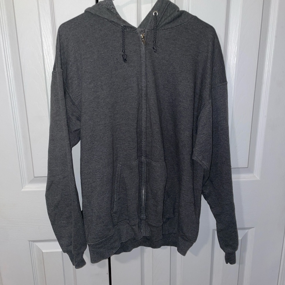 Gray Zip Up Sweater with Hood and Ribbed Cuffs